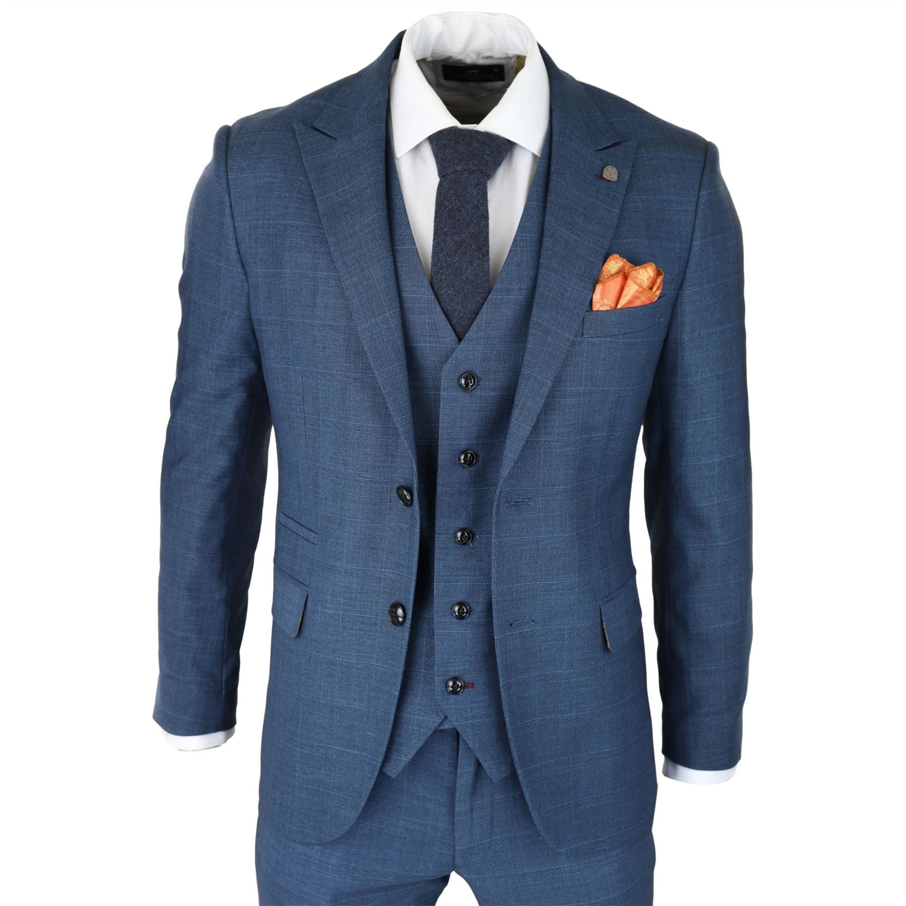 Mens 3 Piece Prince Of Wales Check Suit Blue Classic Light Tailored Fit Modern