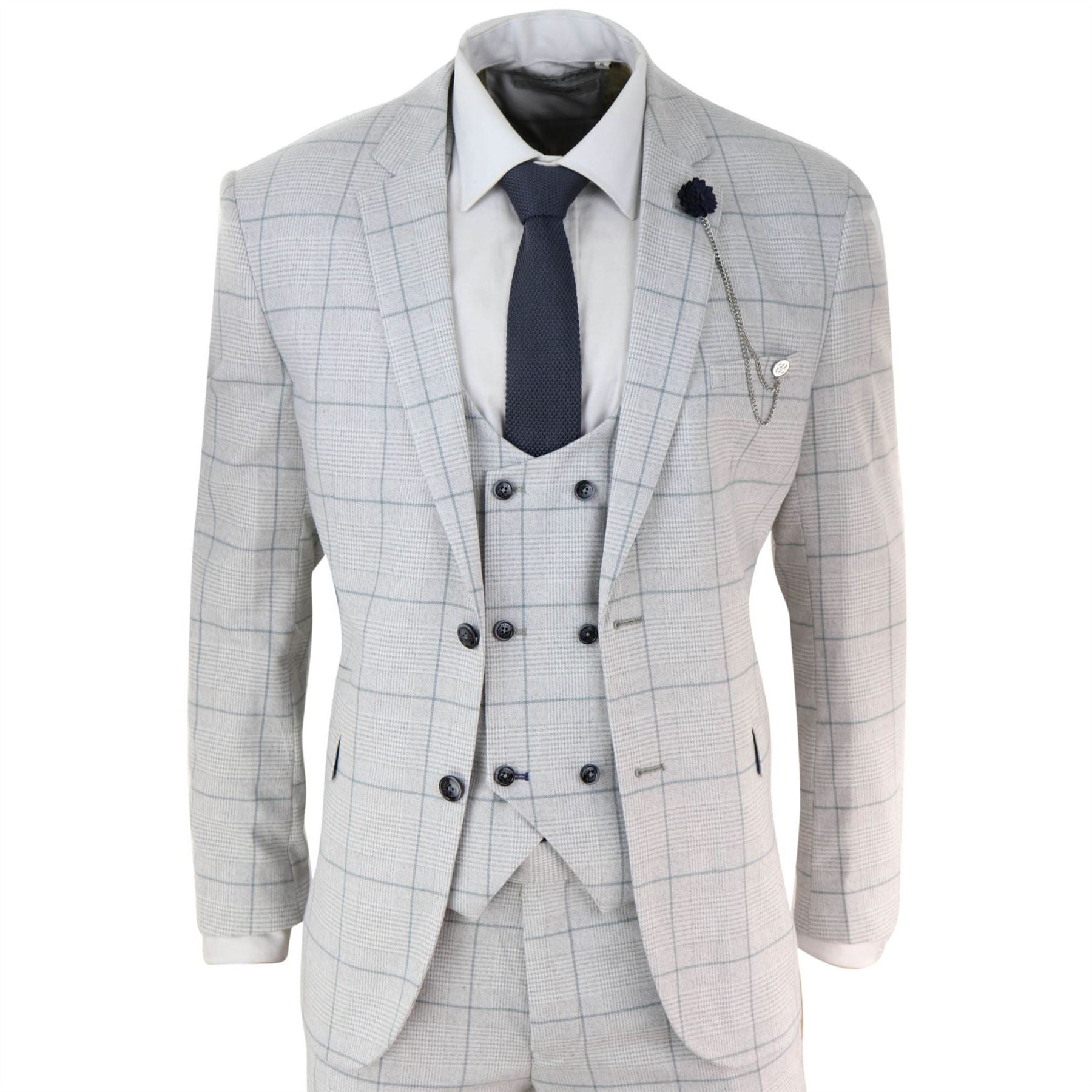 Mens Light Grey Check 3 Piece Suit Double Breasted Waoistcoat Tailored Fit
