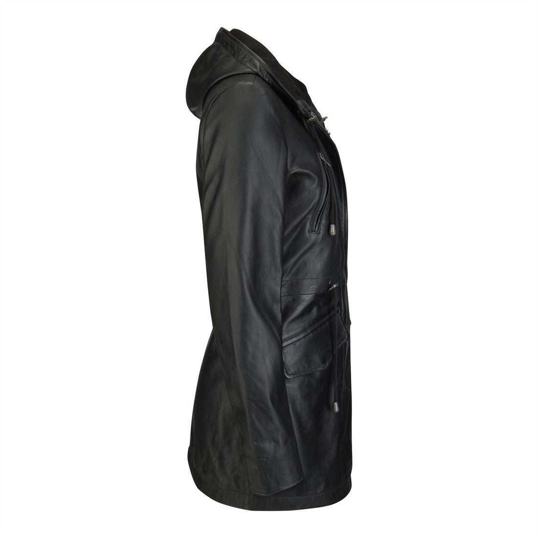 Womens Real Leather Peacoat Hooded Parka Jacket Navy Blue Brown Tailored Fit 3/4 Long - Knighthood Store