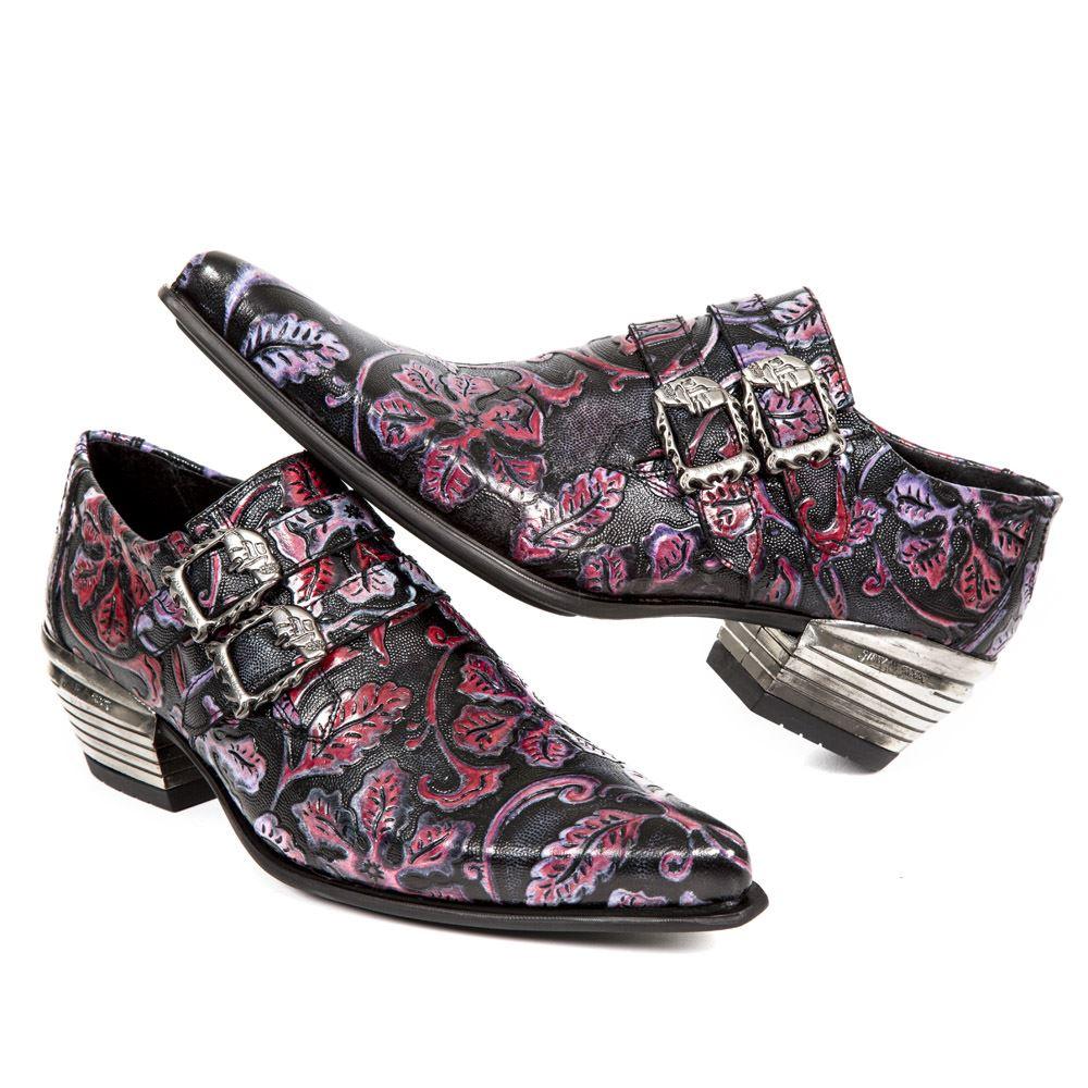 New Rock 7960-s6 Shoe Embossed Vintage Black Red Leather Buckle Steel Heel Shoes - Knighthood Store