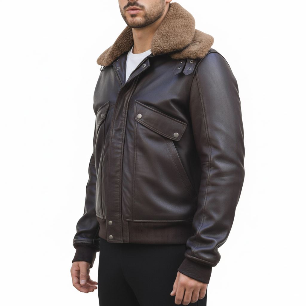 Men's Brown Leather Bomber Aviator Style Jacket