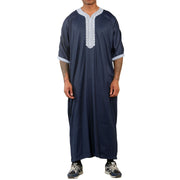 Men's Navy Moroccan Thobe Short Sleeve Gandoura Blue Embroidery Kaftan