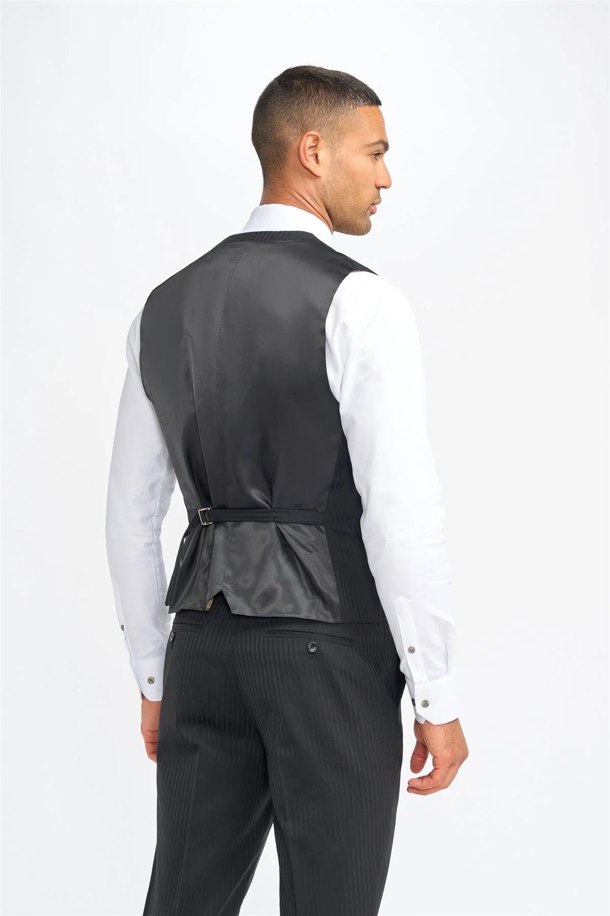 Men's Suit Black 3 Piece Tailored Fit Shadow Stripes Wool Blend Gent Dress