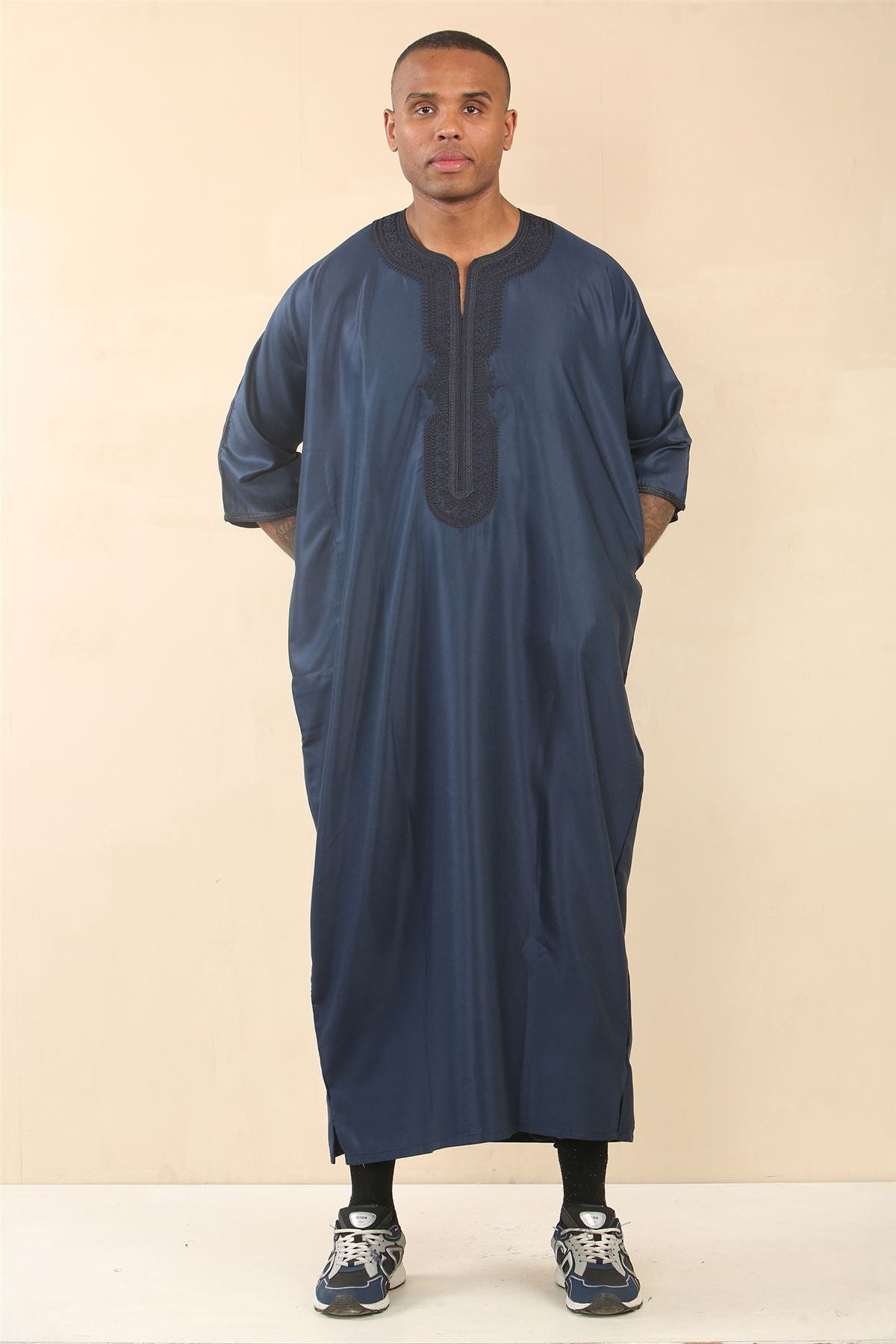 Men's Moroccan Thobe Gandoura Short Sleeve Jubba Islamic Clothing Kaftan Eid Robe Arab Embroidery