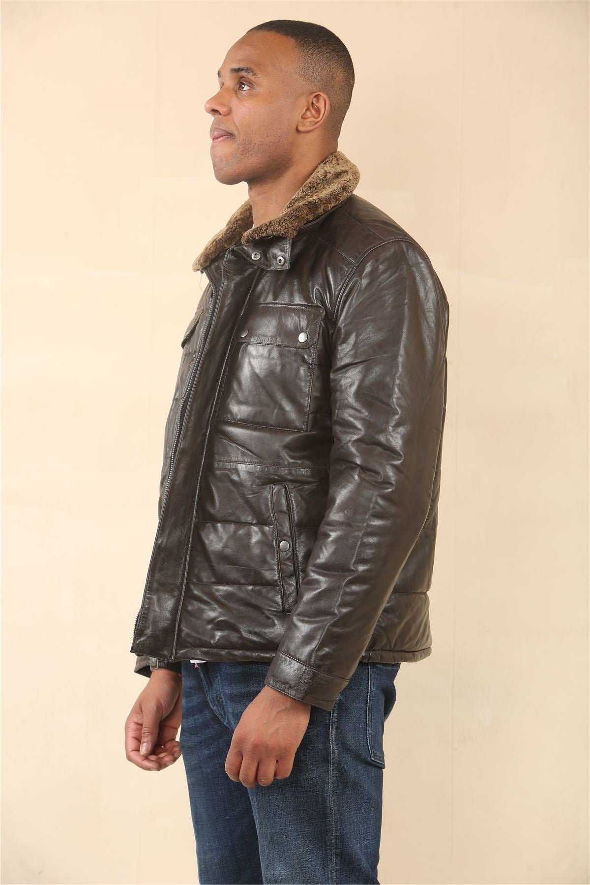 Men's Quilted Faux Fur Collar Leather Jacket