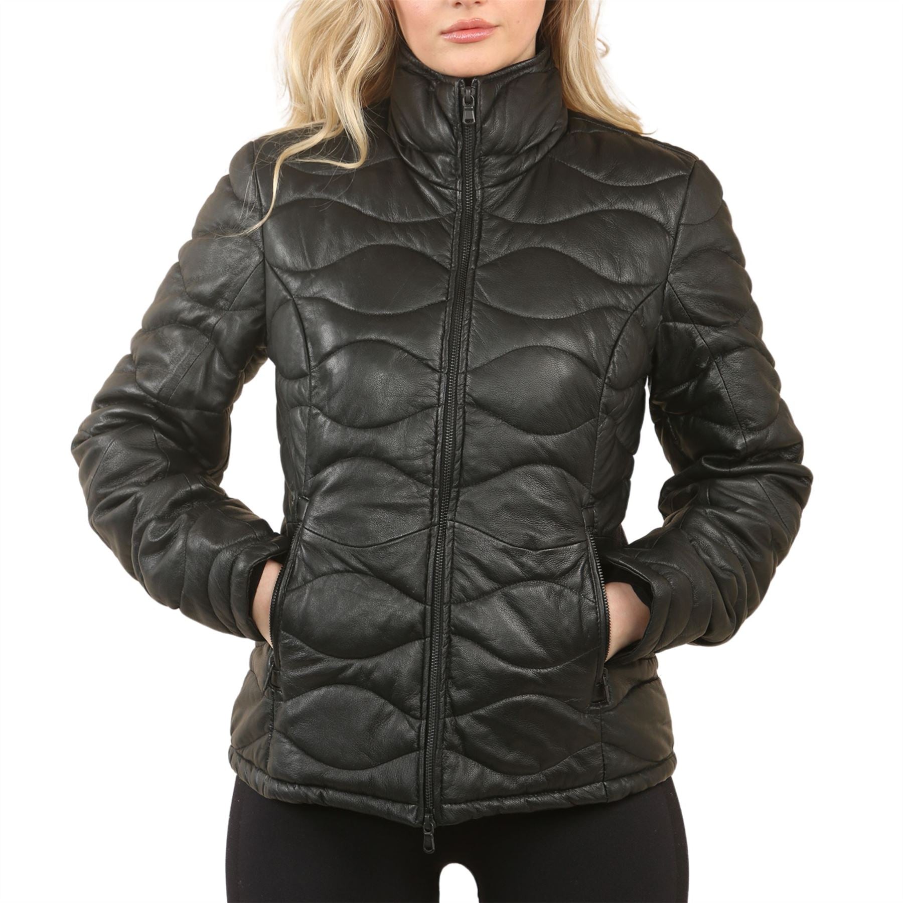 Women's Puffer Quilted Mid Length Leather Jacket