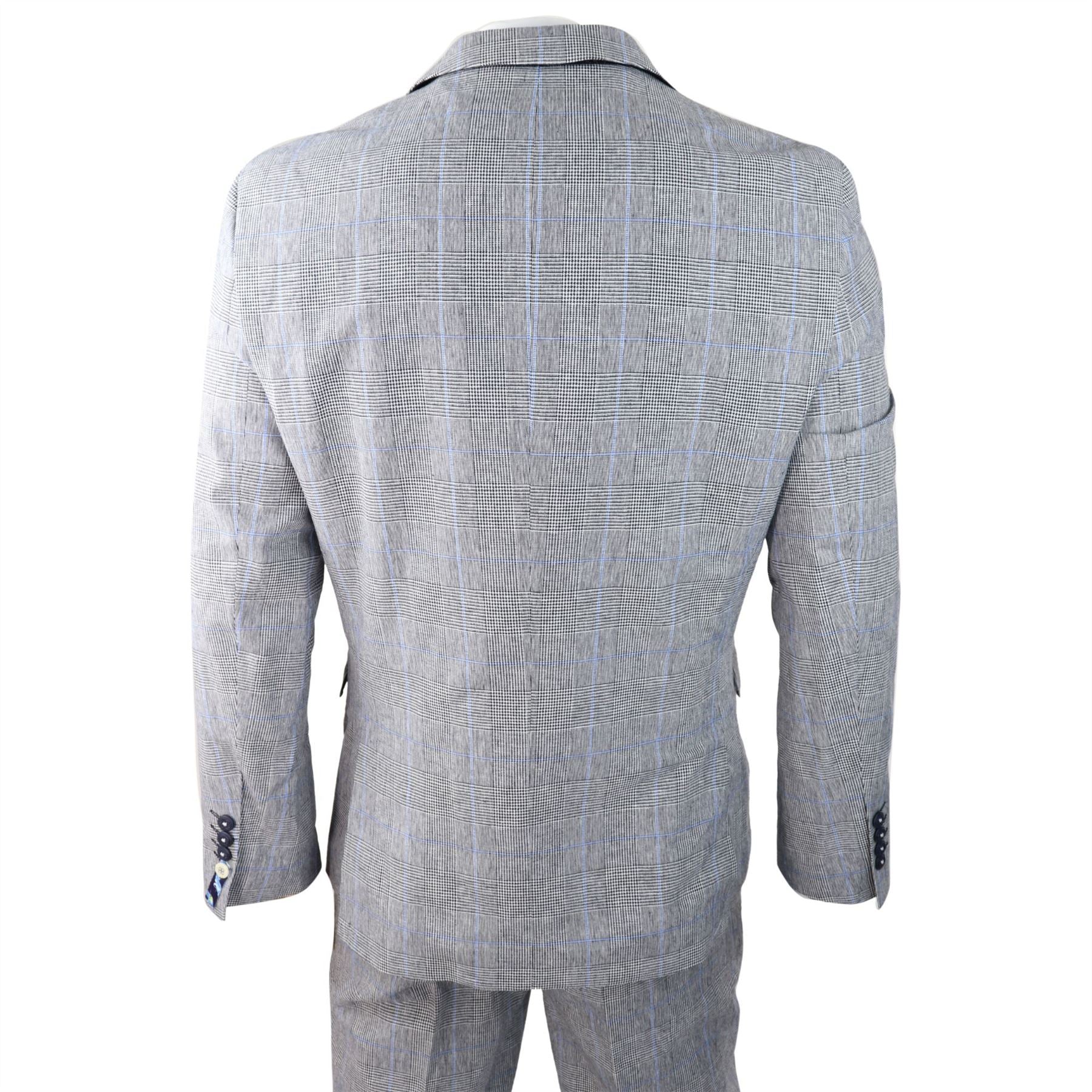 Mens 3 Piece Summer Suit Grey Check Blue Black Tailored Fit Classic Wedding Formal