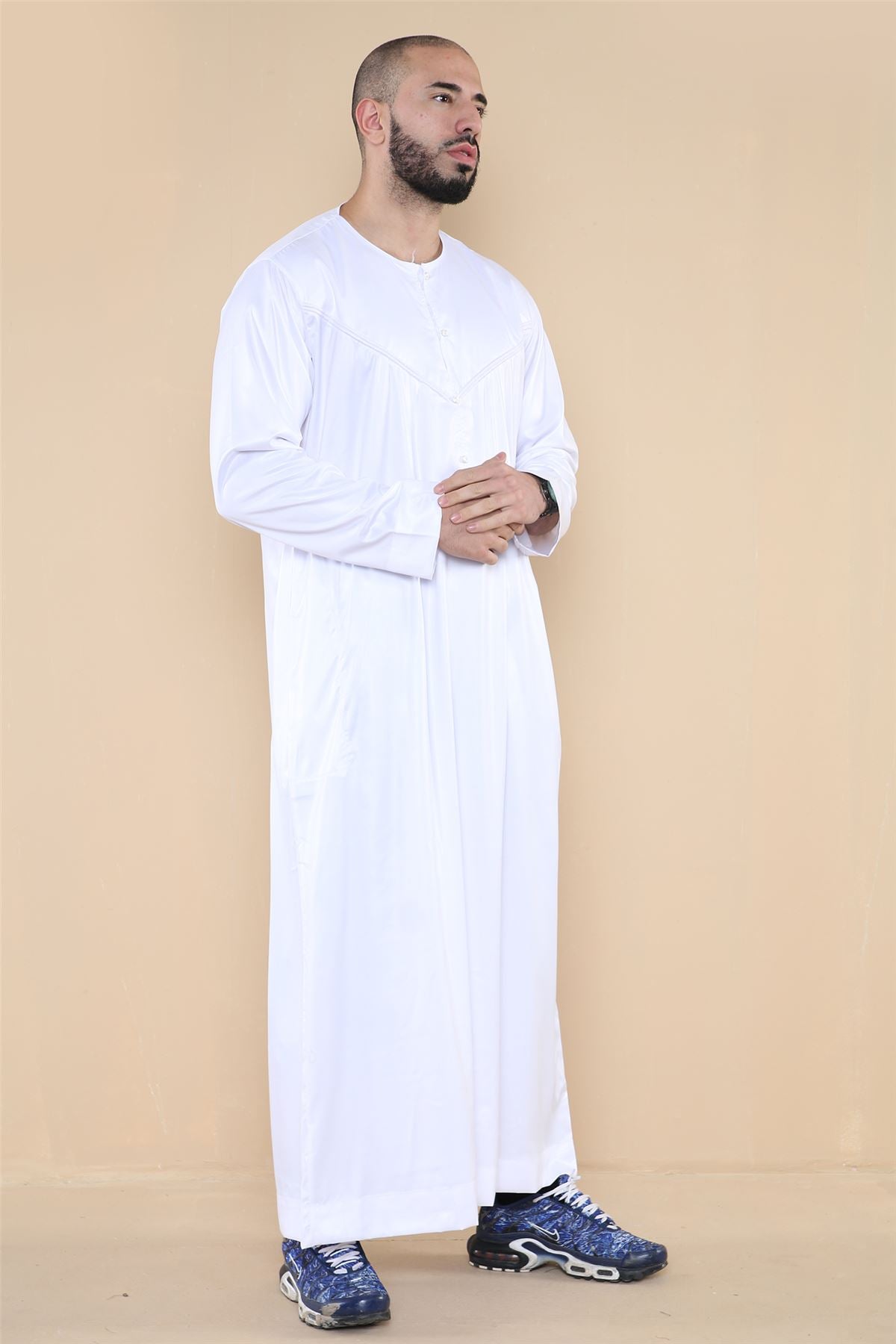 Mens Thobe Jubba Islamic Clothing Muslim Kaftan Emirati Omani Robe Satin Shiny