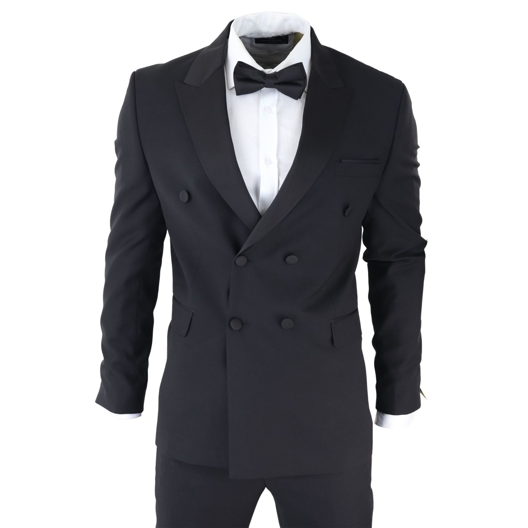 Mens Double Breasted Black Tuxedo Suit Dinner Jacket Stripe Trouser Tux Classic Satin