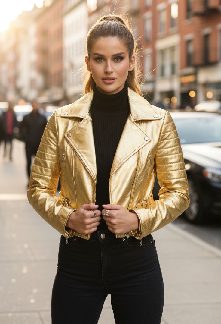 Women's Real Leather Short Cropped Length Biker Jacket