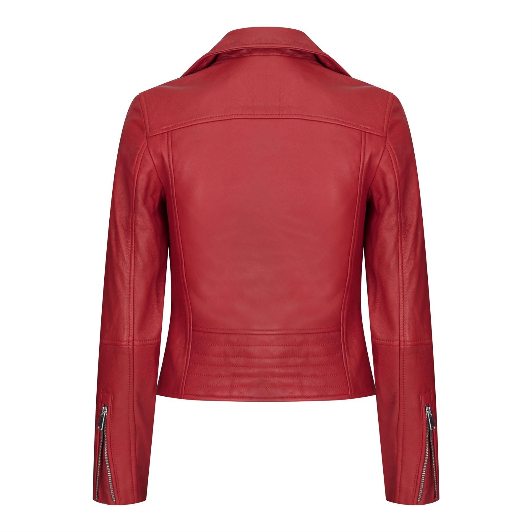 Womens Cross Zip Biker Real Leather Jacket Brando Red Black Retro Classic Motorcycle - Knighthood Store