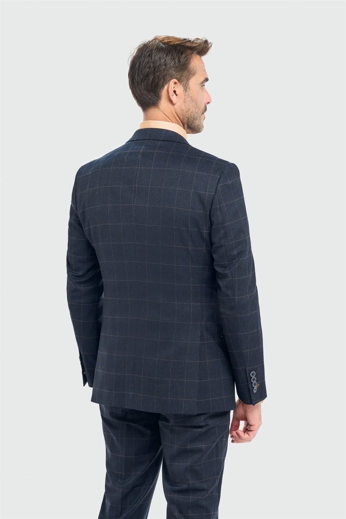 Men's Suit 3 Piece Tailored Fit Navy Check Formal Dress