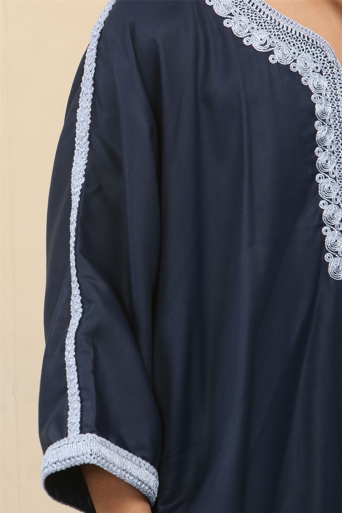 Boys Navy Moroccan Thobe Short Sleeve Gandoura Blue Embroidery Kaftan