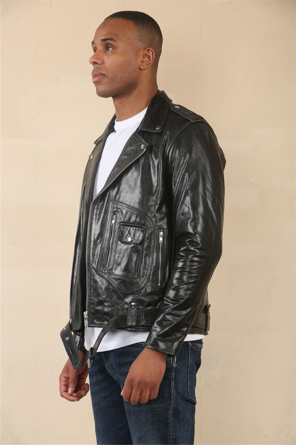 Men's Cow Hide Biker Brando Cross Zip Leather Jacket
