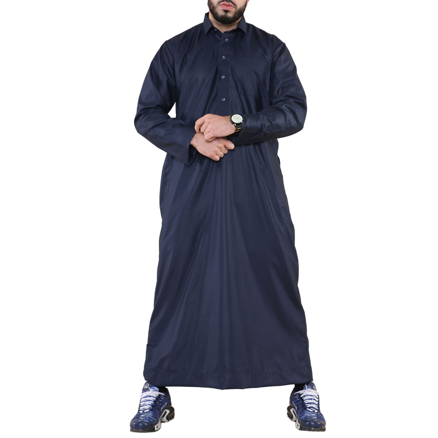 Mens Thobe Jubba Turn Down Collar Islamic Muslim Cotton Kaftan Dress Robe Arabic