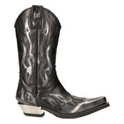 New Rock M-7921-S3 Silver Flame Boots Black Leather Heavy Biker Western Cowboy - Knighthood Store
