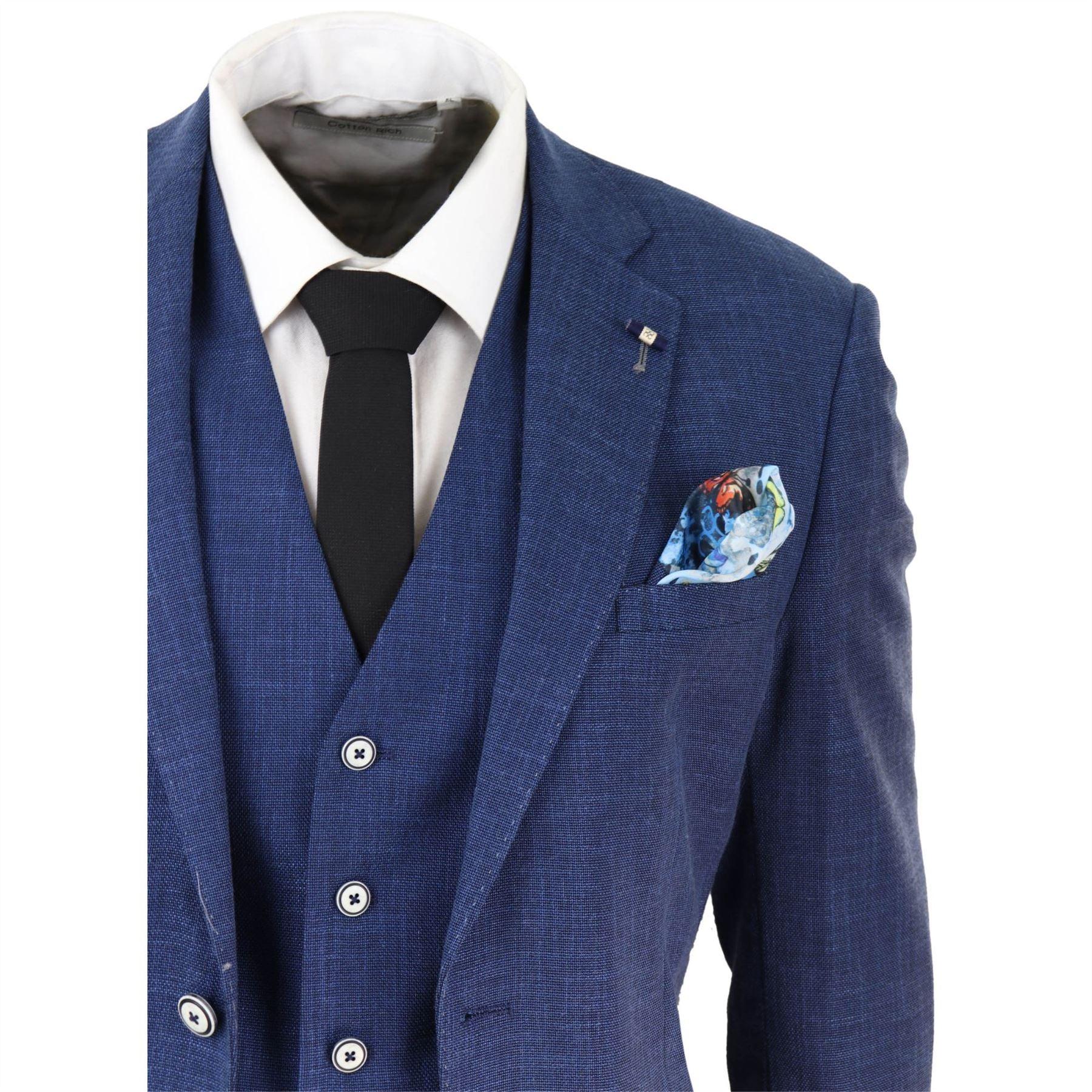 Mens 3 Piece Suit Blue Summer Linen Tailored Fit Wedding Prom Classic - Knighthood Store