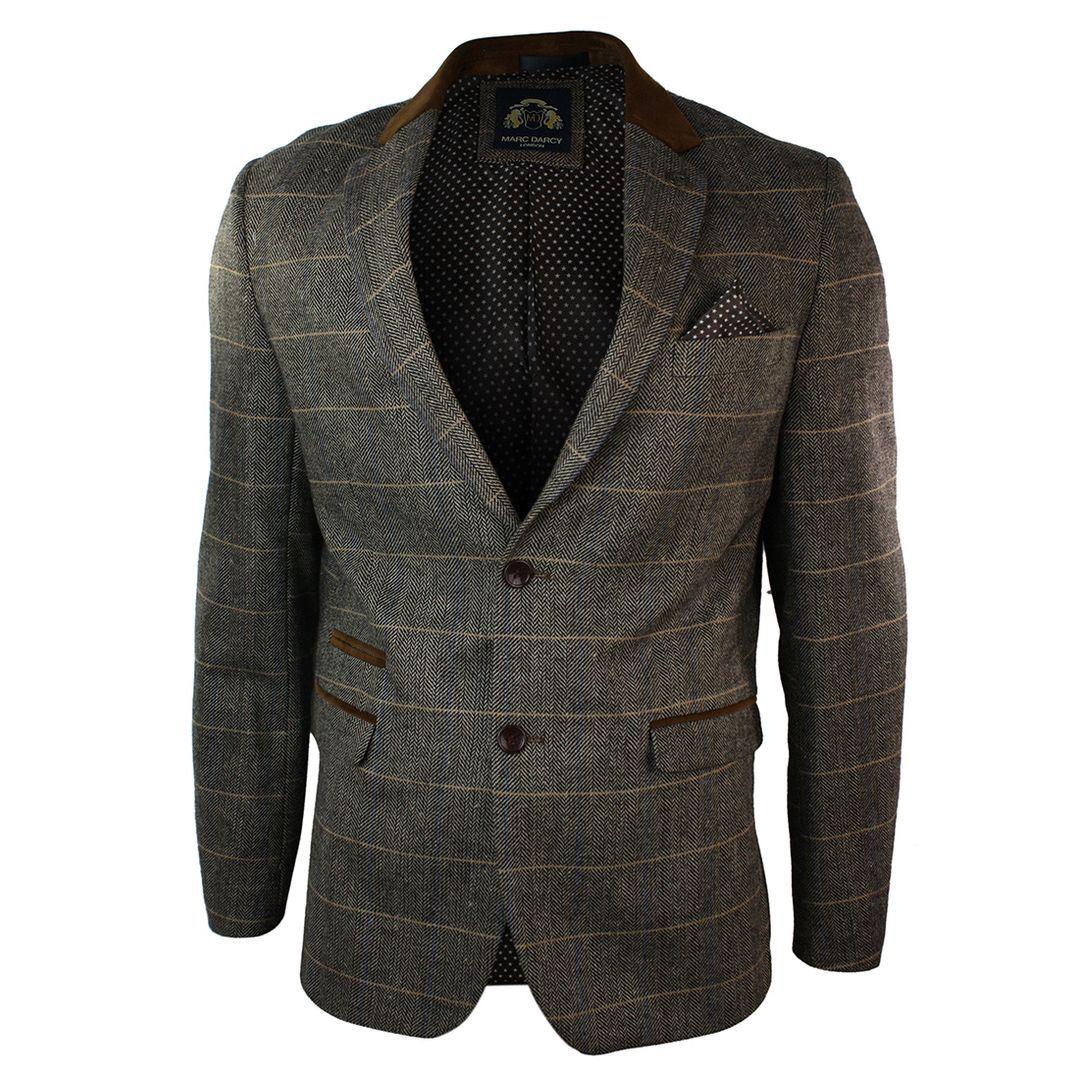 Mens Check Vintage Herringbone Tweed Tan Brown Blazer Jacket Fitted - Knighthood Store