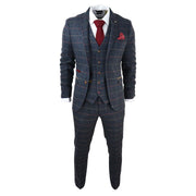 Mens Navy Blue 3 Piece Suit Herringbone Tweed Checked Formal Dress Suits