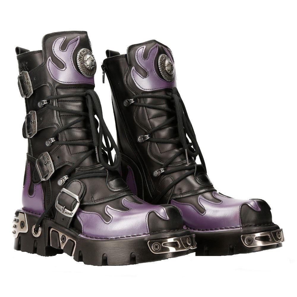 New Rock M-591-s5 Purple Flame Punk Boots Black Leather Gothic Heavy Biker - Knighthood Store