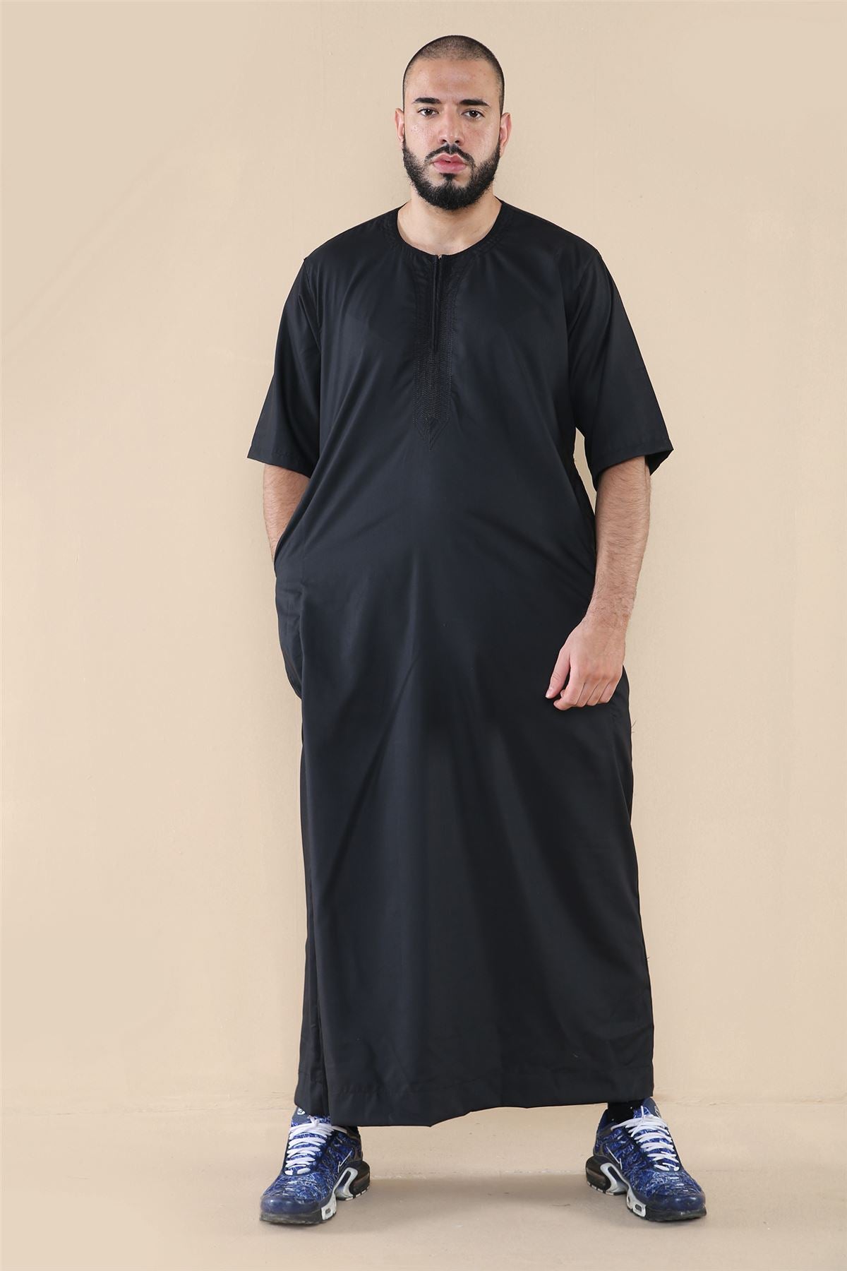 Mens Thobe Jubba Islamic Clothing Kaftan Half Sleeve Robe Moroccan Arab Zipped