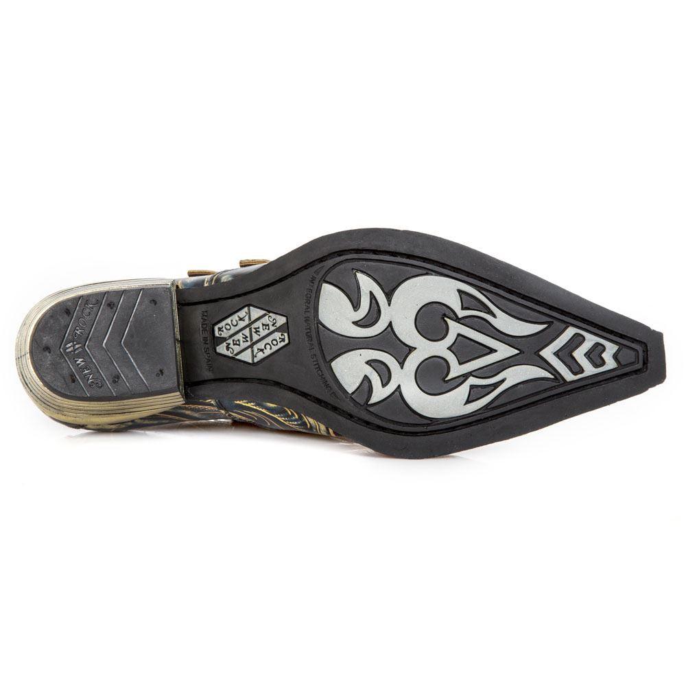 New Rock M-7960-s14 Embossed Vintage Shoes Black Leather Buckle Steel Heel - Knighthood Store