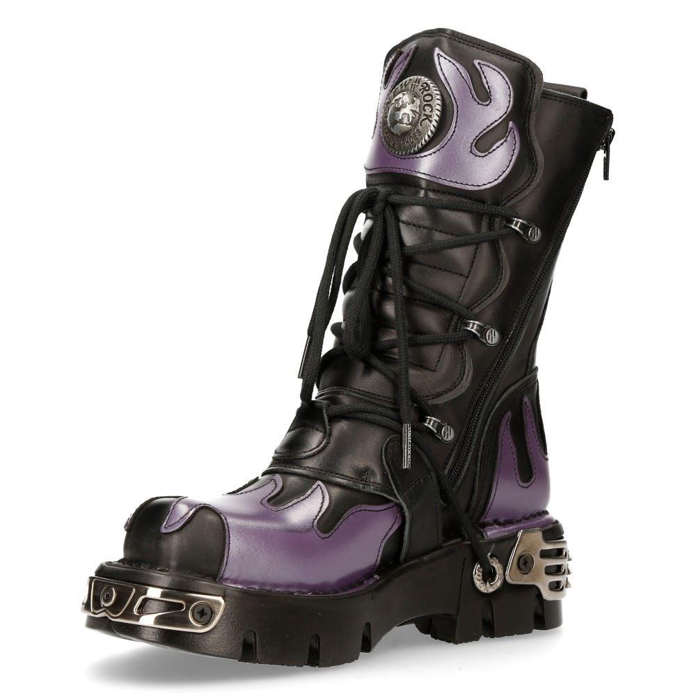 New Rock M-591-s5 Purple Flame Punk Boots Black Leather Gothic Heavy Biker - Knighthood Store
