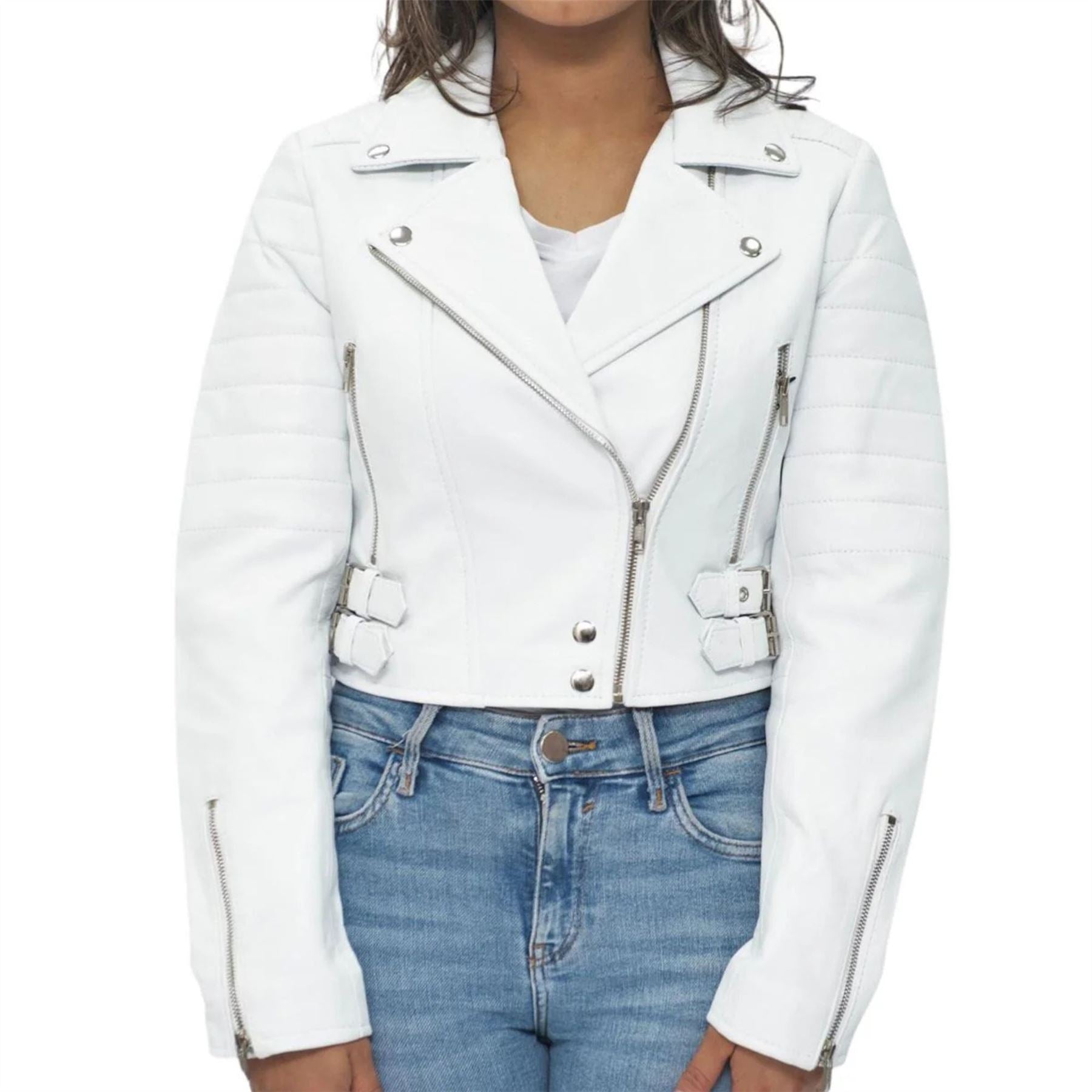 Women's Real Leather Short Cropped Length Biker Jacket