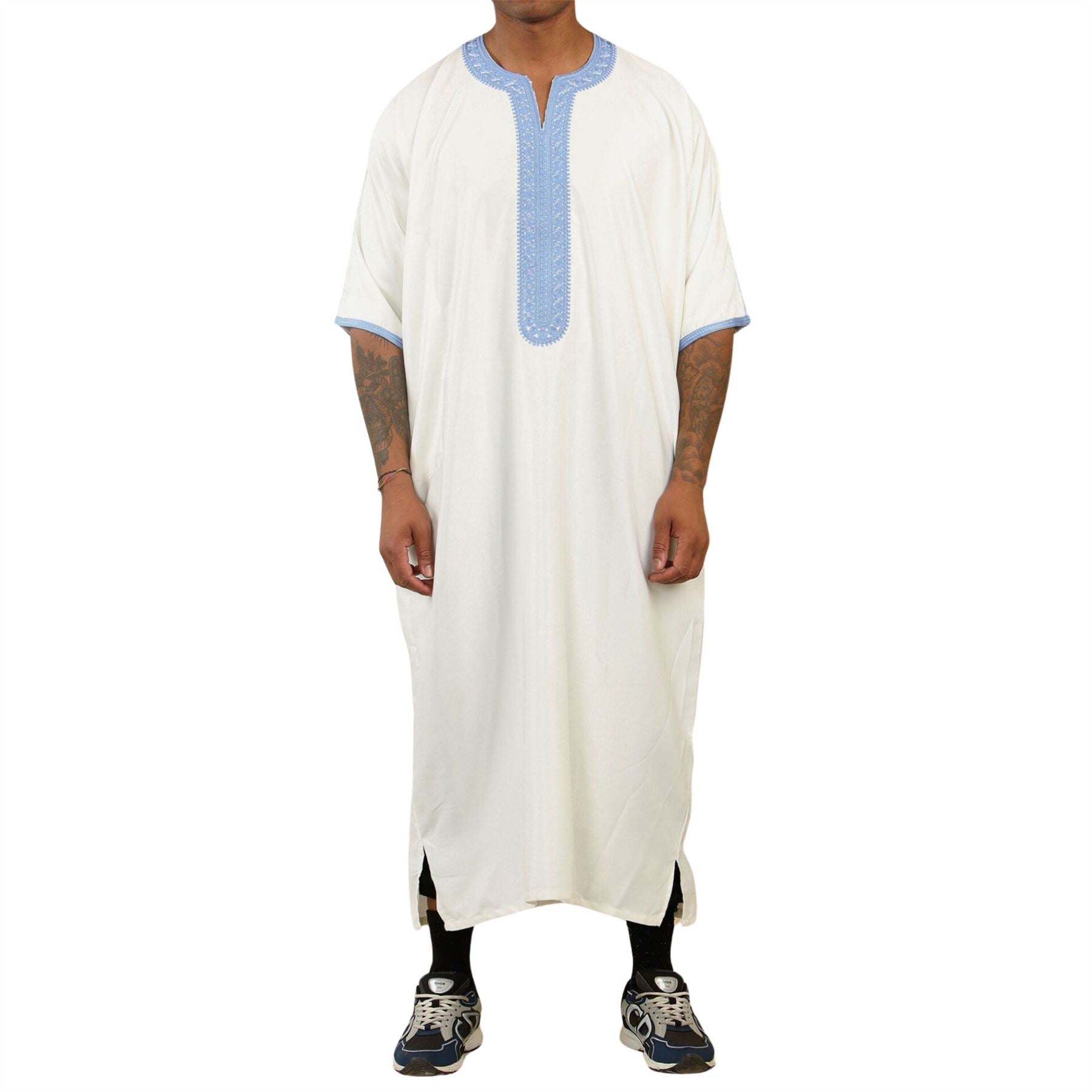 Men's Moroccan Thobe Gandoura Short Sleeve Jubba Kaftan Eid Robe Arab Embroidery