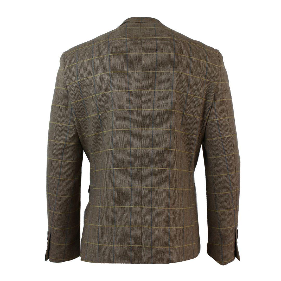 Mens Check Vintage Herringbone Tweed Tan Brown Blazer Jacket Fitted - Knighthood Store
