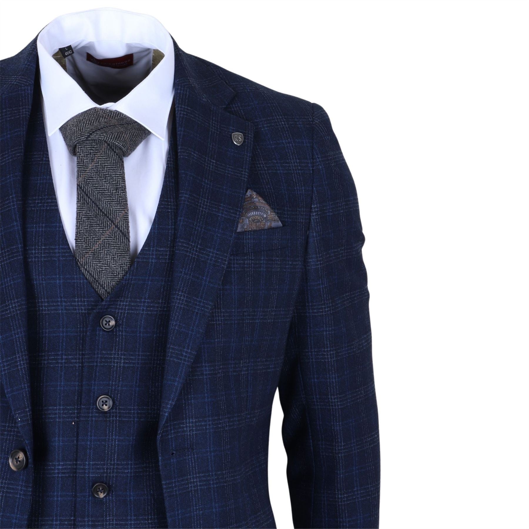 Marcos - Men's Navy Blue Plaid Check Slim Fit 3 Piece Suit
