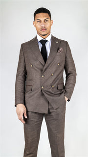 Men's Brown Suit 2 Piece Double Breasted Check Formal Dress