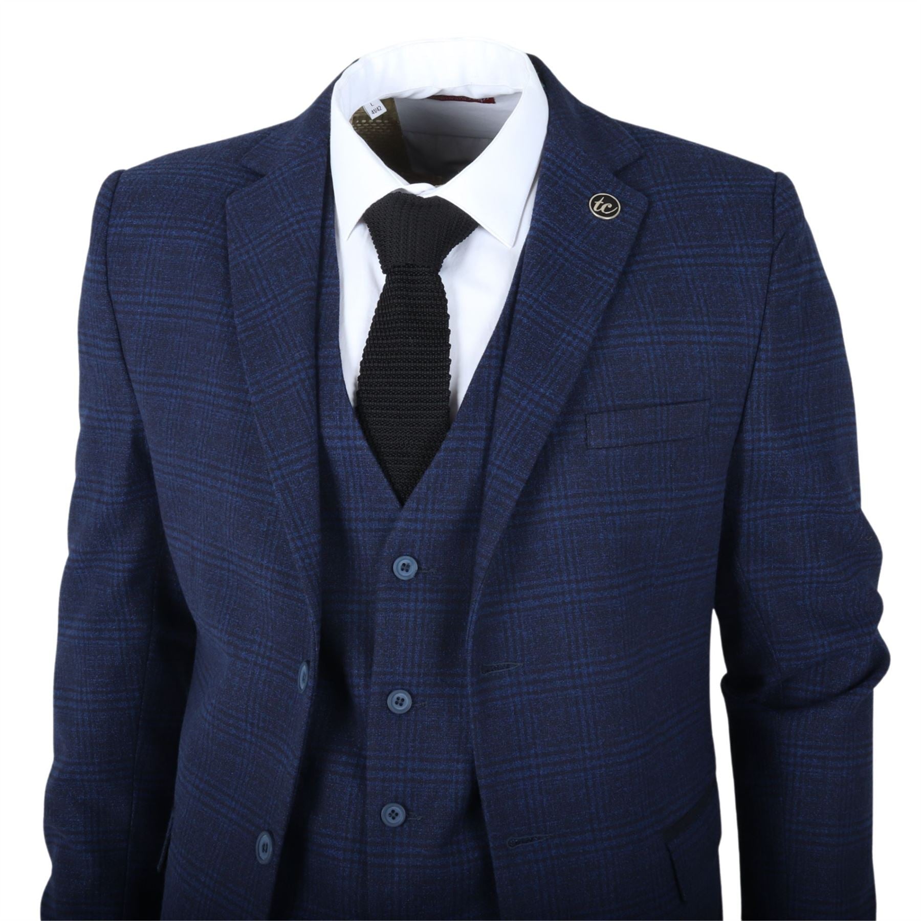 Men's Suit 3 Piece Navy Blue Checkered Tailored Fit Classic Formal Dress