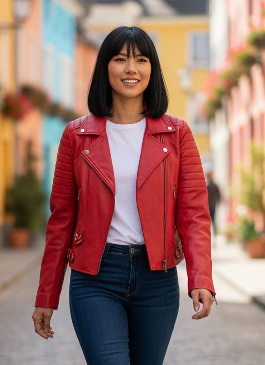 Women's Real Leather Short Cropped Length Biker Jacket