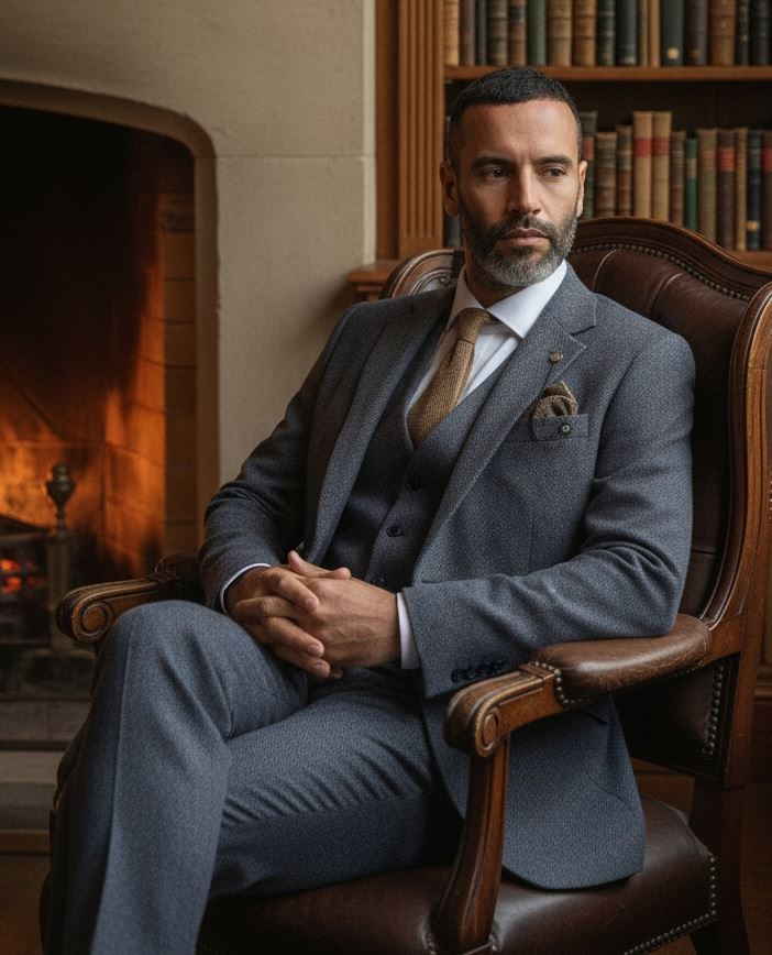 Thomas - Men’s Navy 3 Piece Wool Blend Tweed Suit