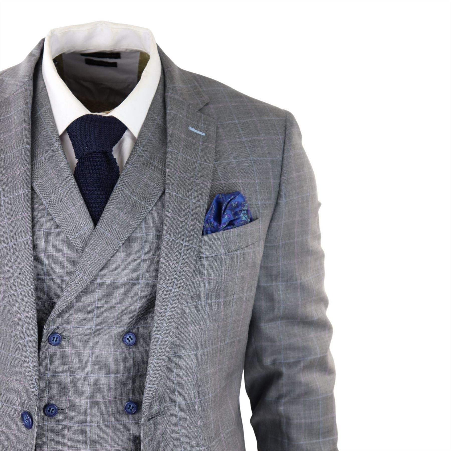 Mens Light Grey 3 Piece Suit Blue Check Double Breast Waistcoat Office Wedding Prom - Knighthood Store