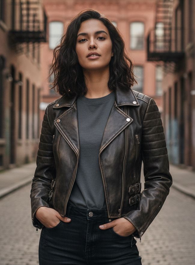 Women's Real Leather Short Cropped Length Biker Jacket