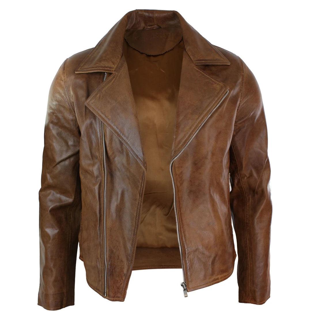 Mens Slim Fit Tan Brown Maroon Classic Cross Zip Brando Leather Biker Jacket - Knighthood Store