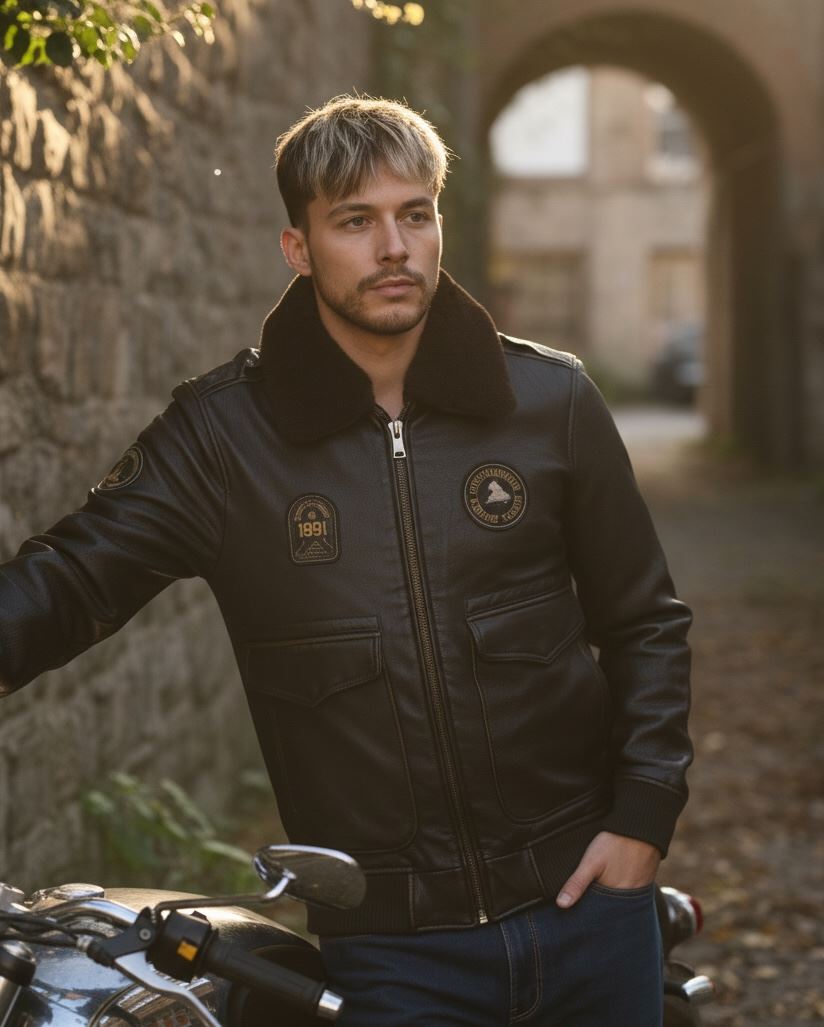 Men's Leather Bomber Jacket Fur Collar Aviator Coat