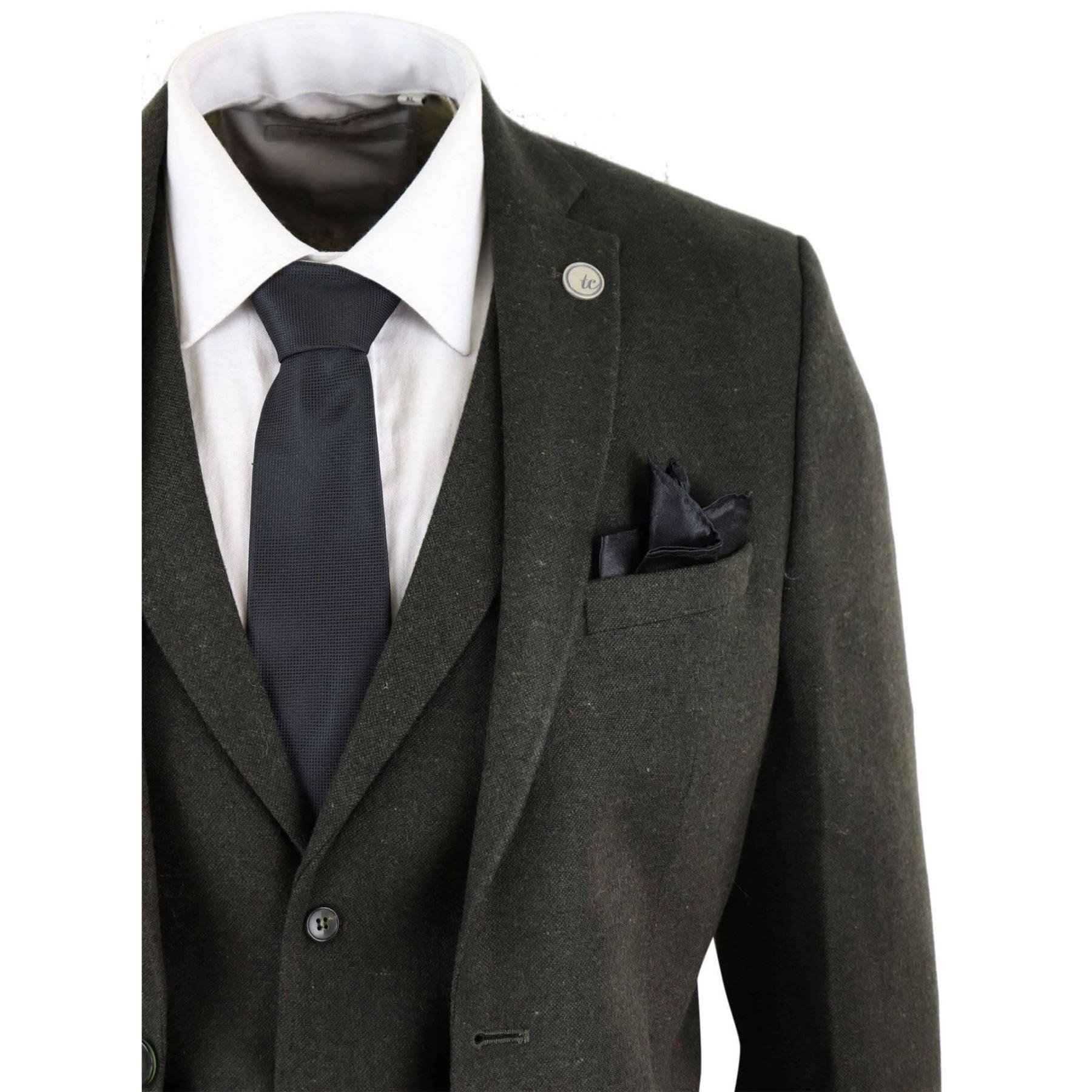 Mens Wool 3 Piece Suit Tweed Olive Green Black Tailored Fit Classic - Knighthood Store