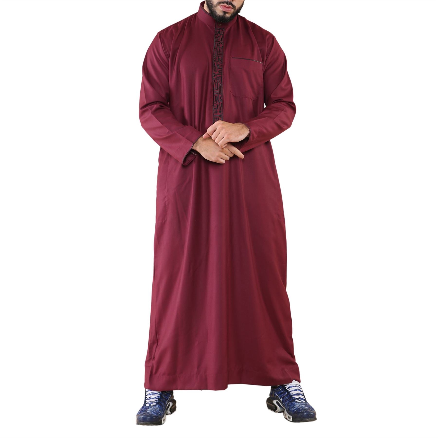 Mens Thobe Jubba Nehru Stand Collar Islamic Clothing Muslim Cotton Kaftan Embroidery Eid Robe Saudi