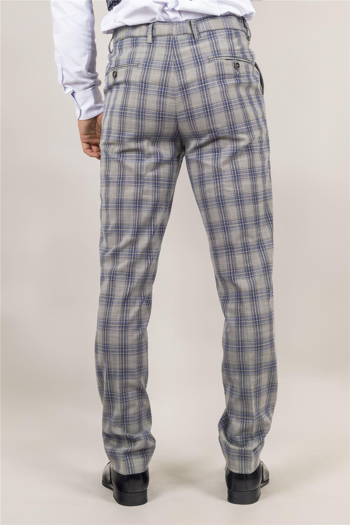 Men's Trousers Grey Blue Checked Casual Formal Pants - Knighthood Store