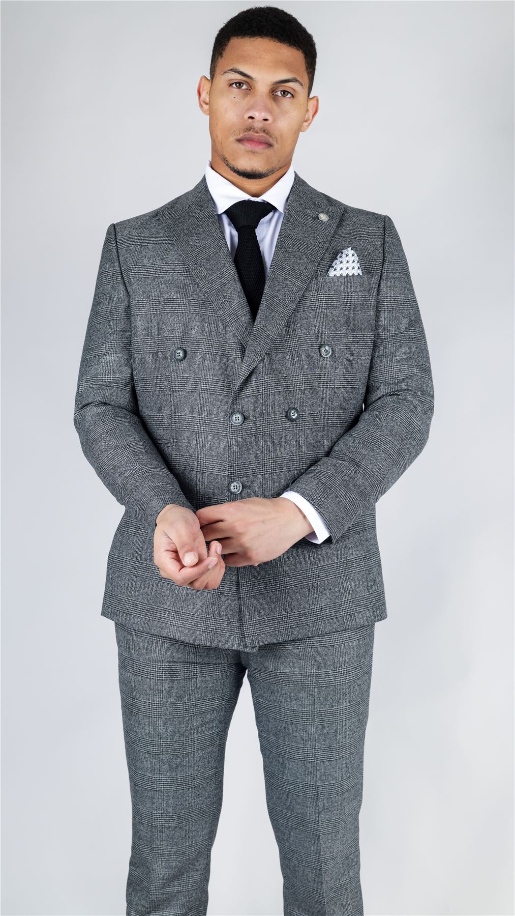 Men's Grey Suit 2 Piece Double Breasted Check Formal Dress