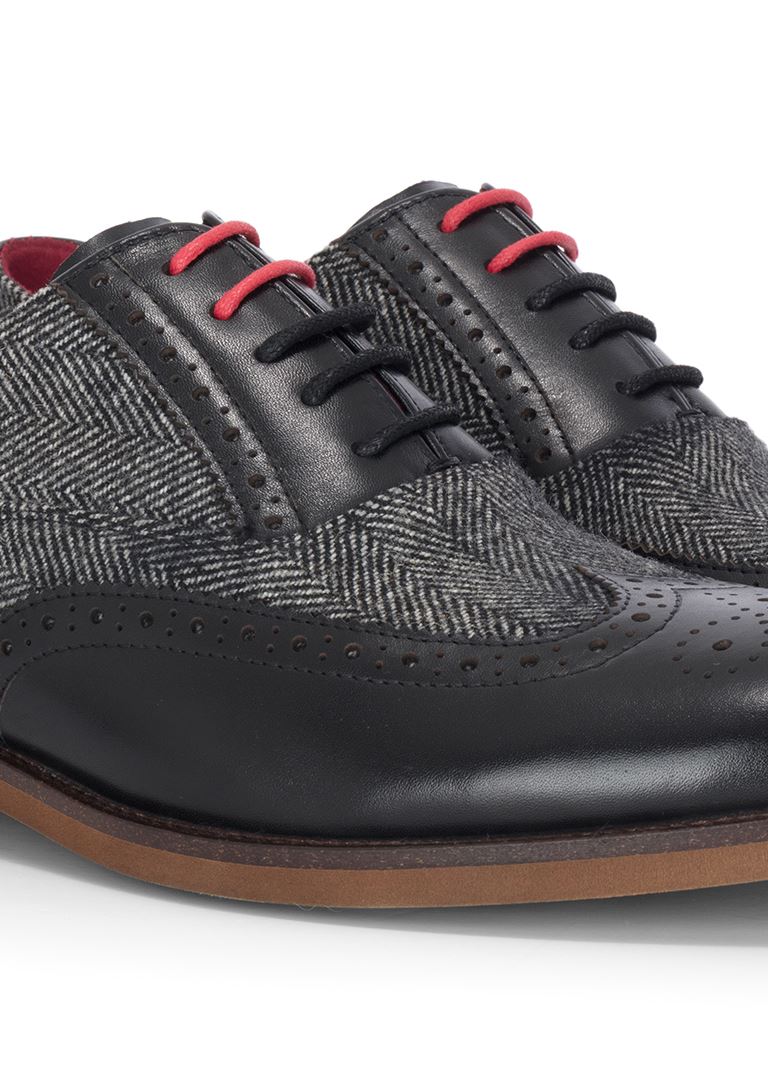 Albert - Men's Black Leather Tweed Detailing Brogue Shoes