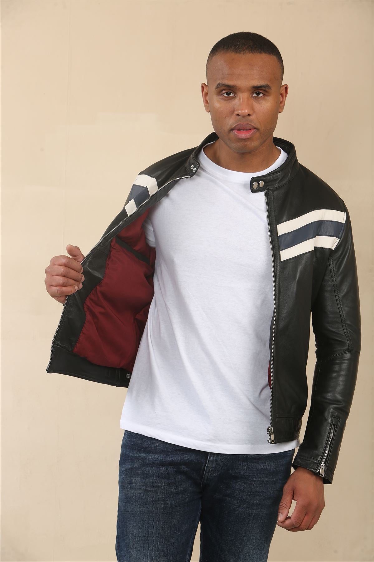 Men's Black Racer Striped Biker Leather Jacket