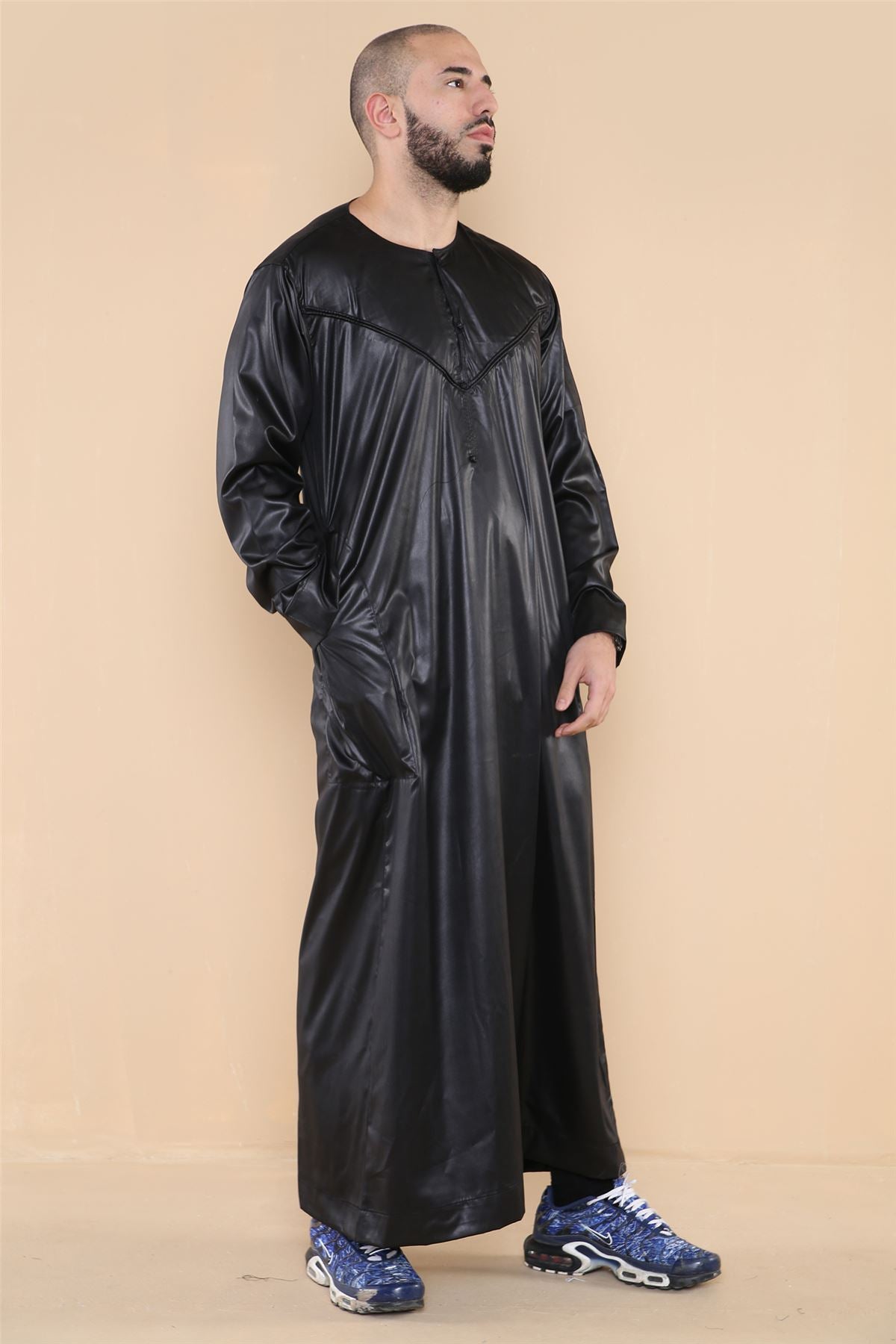 Mens Thobe Jubba Islamic Clothing Muslim Kaftan Emirati Omani Robe Satin Shiny