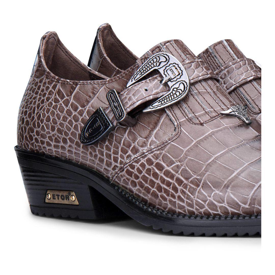 Mens Genuine Leather Western Shoes Croc Metal Belt Cuban Heel Dancing Riding Wincklepickers - Knighthood Store