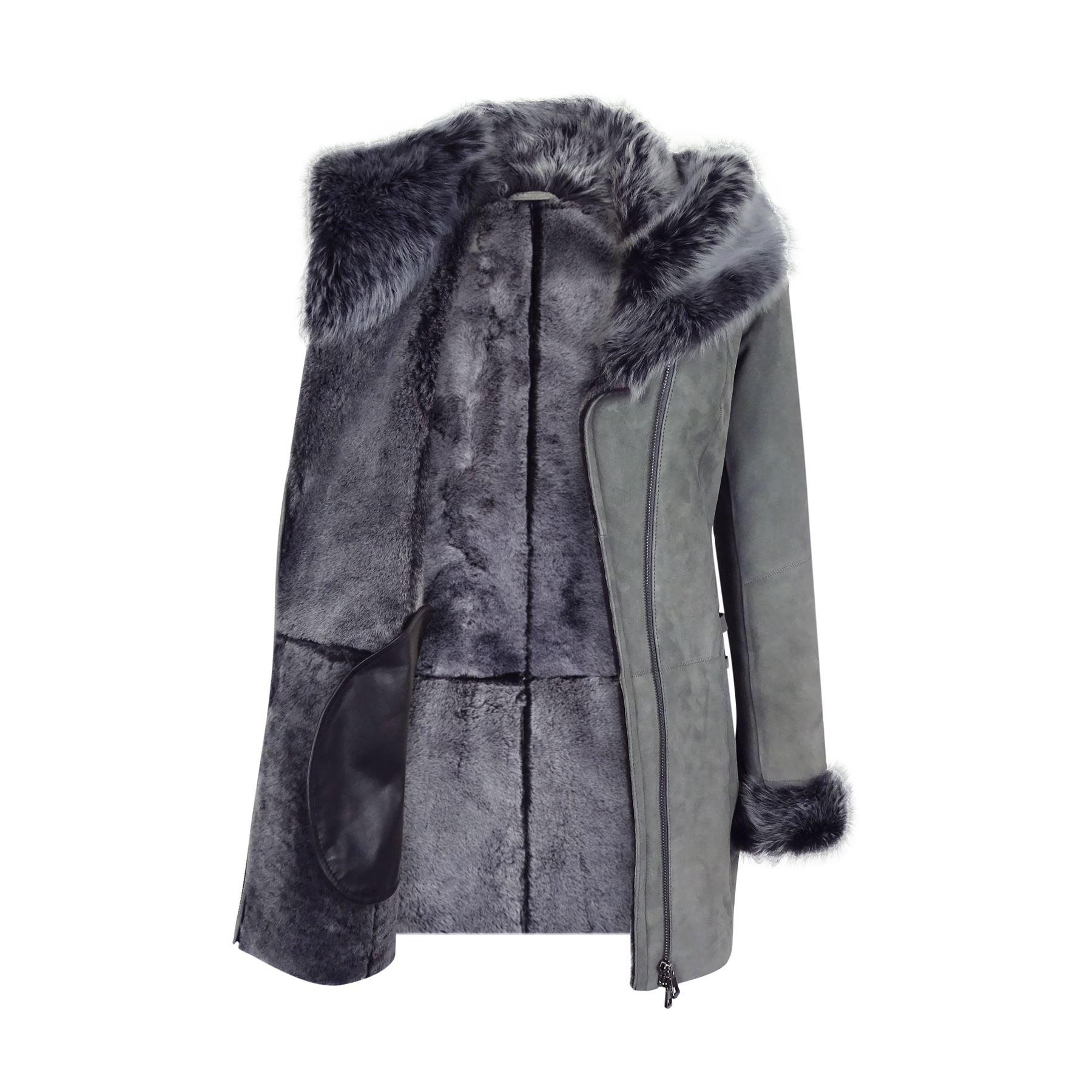 Grey Ladies Long Suede Real Toscana Sheepskin Coat Zipped Hood Tailored Fit - Knighthood Store