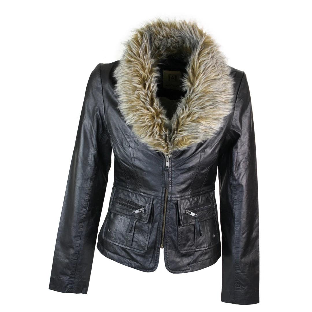 Ladies Real New Vintage Short Black Leather Jacket Coat Faux Fur Collar - Knighthood Store