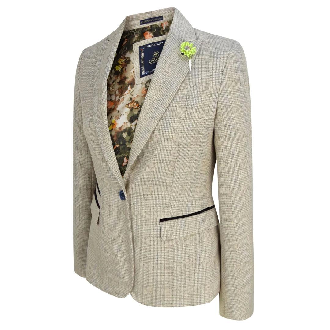 Women Tweed Herringbone Cream Black Tailored Fit Peaky Blinders Classic Blazer - Knighthood Store